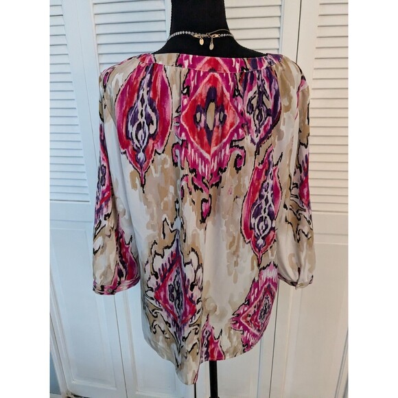 Chicos Blouse Women's L (2) Floral Boho Chic Tunic Top Flowy Flounce Satiny Pink - Picture 8 of 11